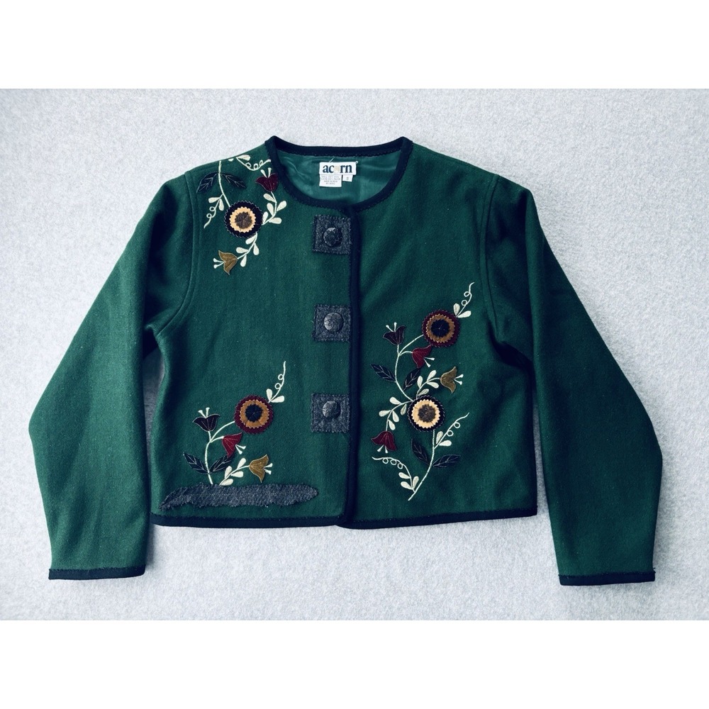 Vintage Acorn Wool Sweater Jacket Embroidered Womens Small Cottagecore Retro